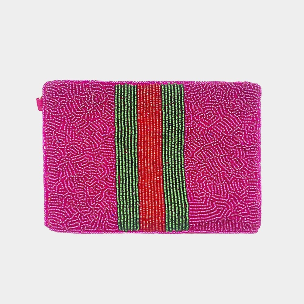 Color block pink red green seed beaded fashion pouch wallet